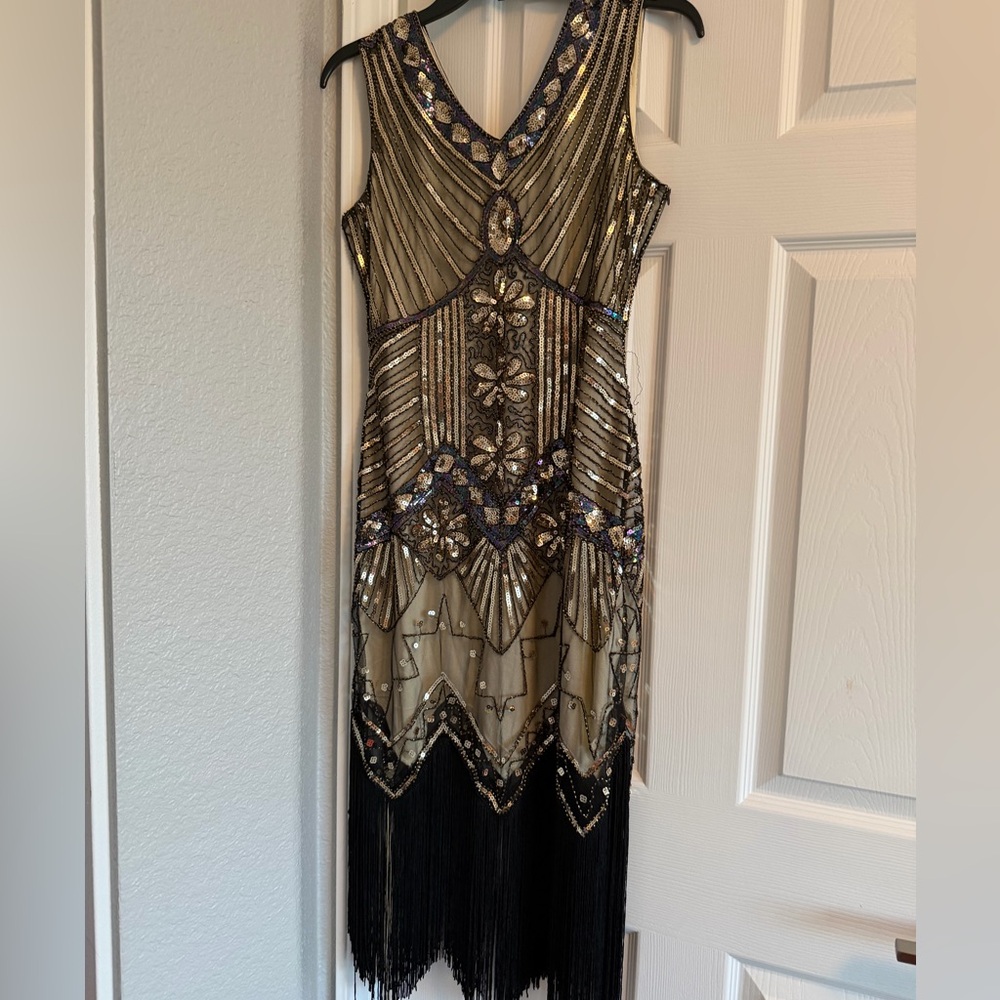 Elegant Black and Gold Beaded Dress Flapper Retro Small